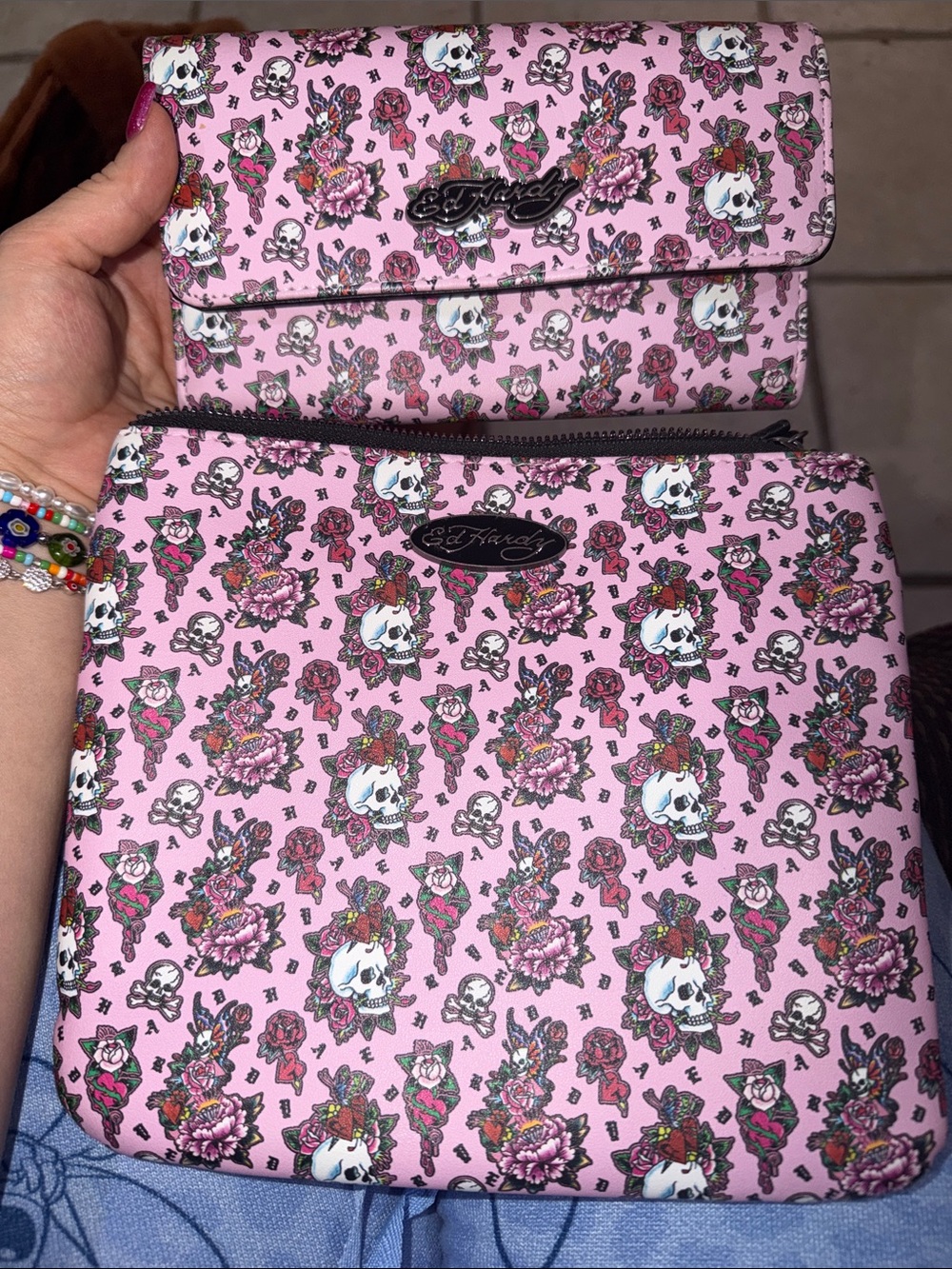 Ed Hardy Pink Skull & Rose wallet Pouch Duo